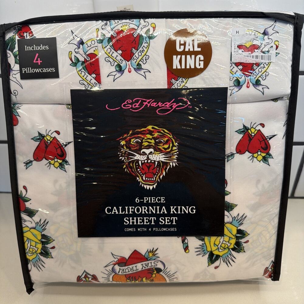 Ed Hardy 6-piece sheet set-Cal King Size-Tattoo Roses, Skulls, Eagles, Tiger NEW